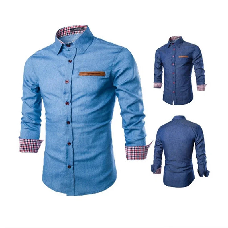 Mens Denim Shirts 2025 Long Sleeve Men Dress Shirt Fashion Slim Fit Style Navy Blue Jeans Male Shirt Longsleeve Shirt for Men