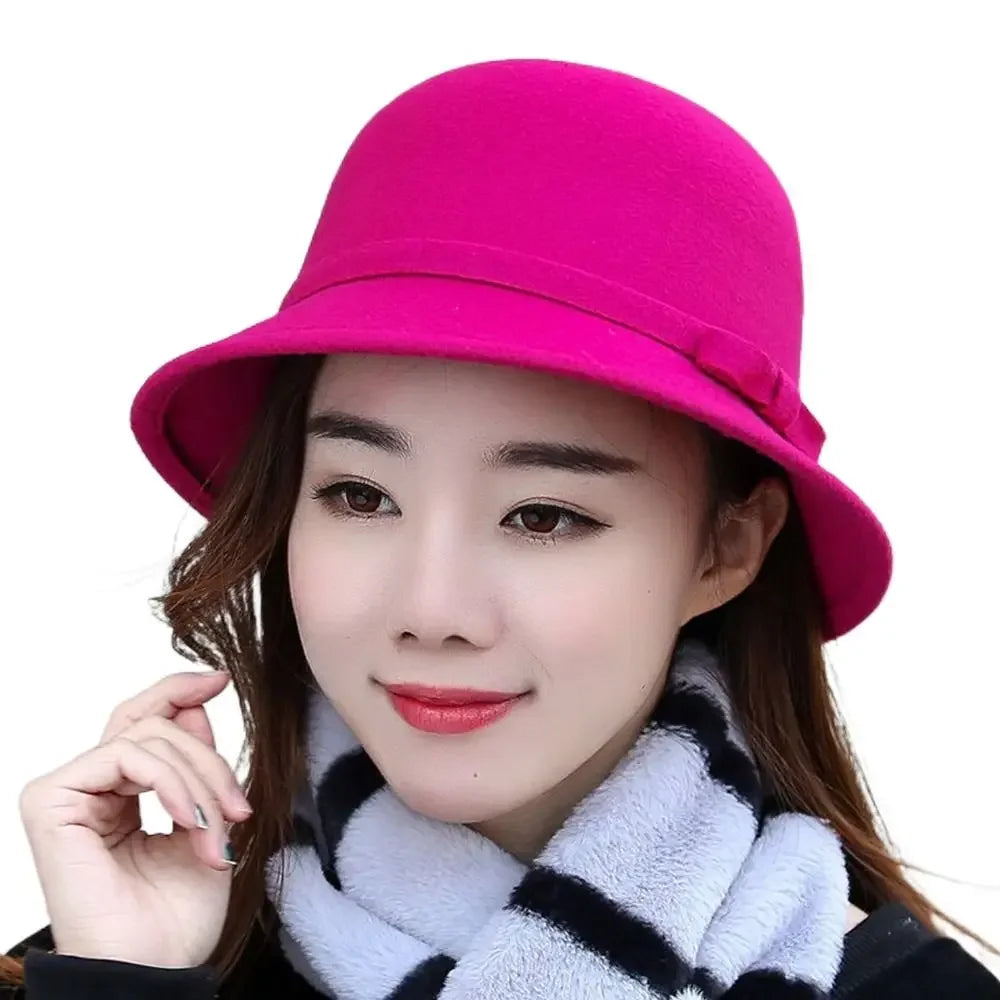 Brim Bowler Fedora Hats Elegant Women Vintage Retro Hat Wool Felt Bucket Cap Church Bowler Cloche Hats Autumn Winter Warm Hat