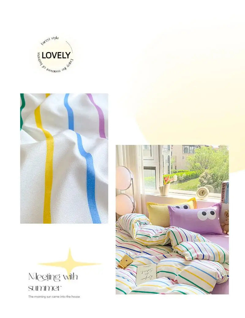 New Cartoon Striped Printed Bedding Sets Aloe Cotton Skin Friendly Breathable Comforter Cover Set Twin Double Size Bed Linens