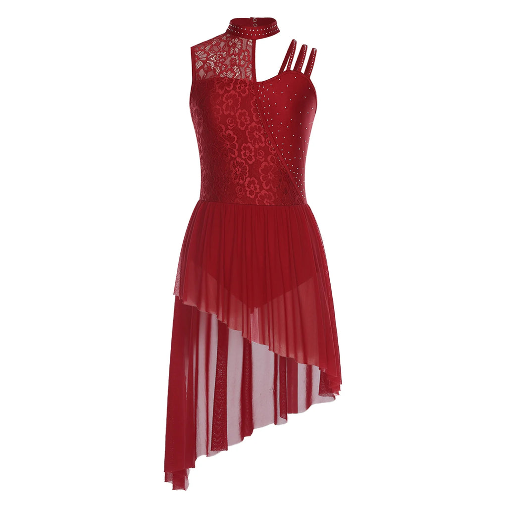 Women Modern Lyrical Dance Performance Costume Floral Lace Rhinestones Leotard Dress for Waltz Latin Cha-cha Ballet Skating