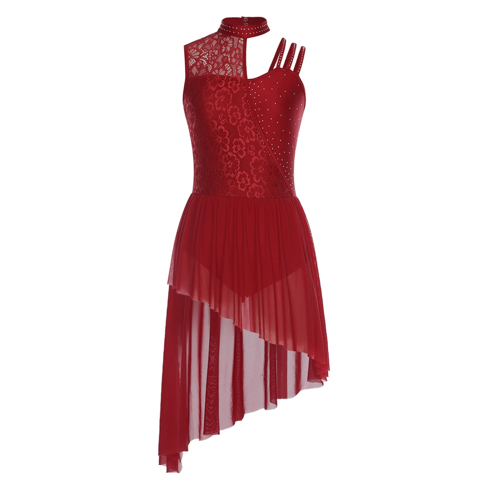 Women Modern Lyrical Dance Performance Costume Floral Lace Rhinestones Leotard Dress for Waltz Latin Cha-cha Ballet Skating