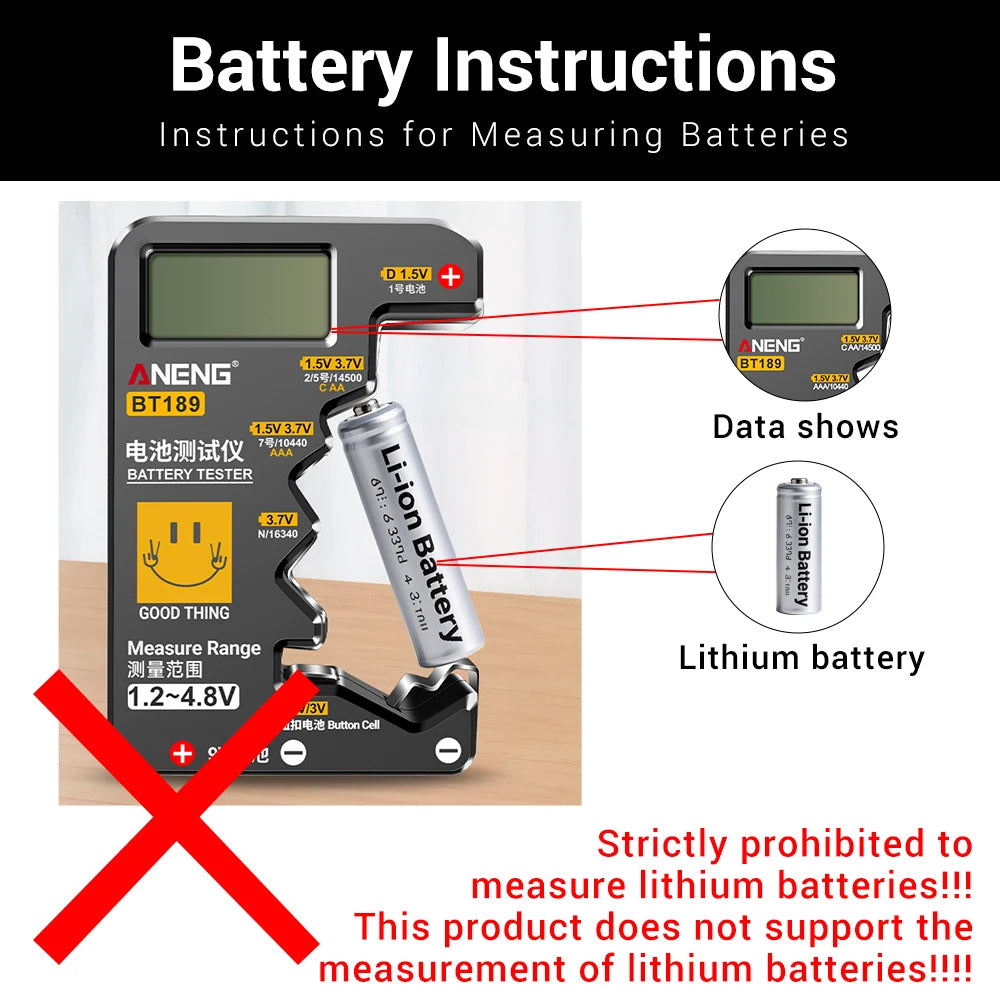 ANENG BT189 Button Cell Battery Tester 9V N D C AA AAA Universal Household LCD Display Battery Tester Power Bank Detectors Tools