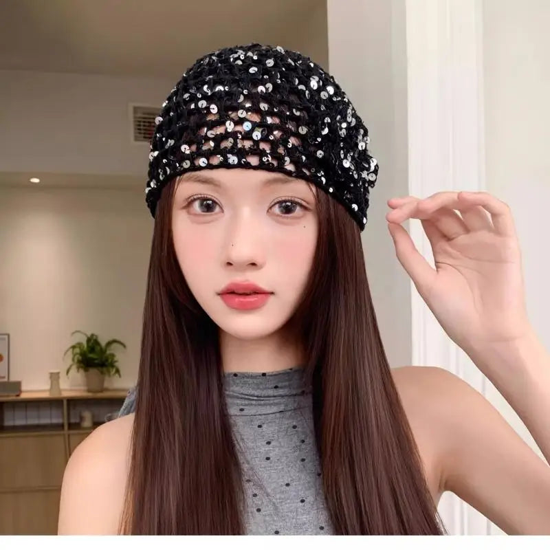Vintage Chic Sequined Floral Cutout Beanie Ladies Spring Fall Leisure Travel Picturesque All-Around Casual Y2K Knit Beanies