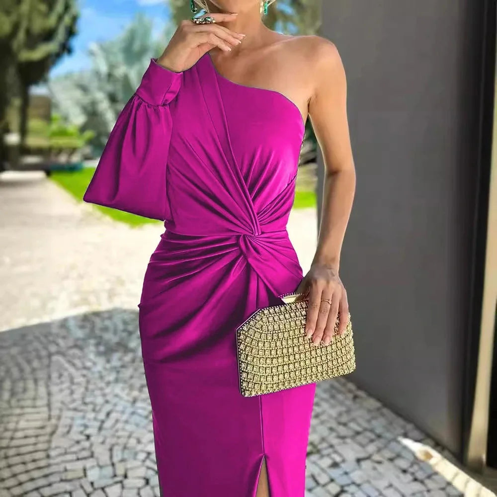 Elegant Sexy Off Shoulder Dress For Women Fashion Diagonal Collar Sleeveless Package Hip Dresses Robe Femme Formal Evening Party