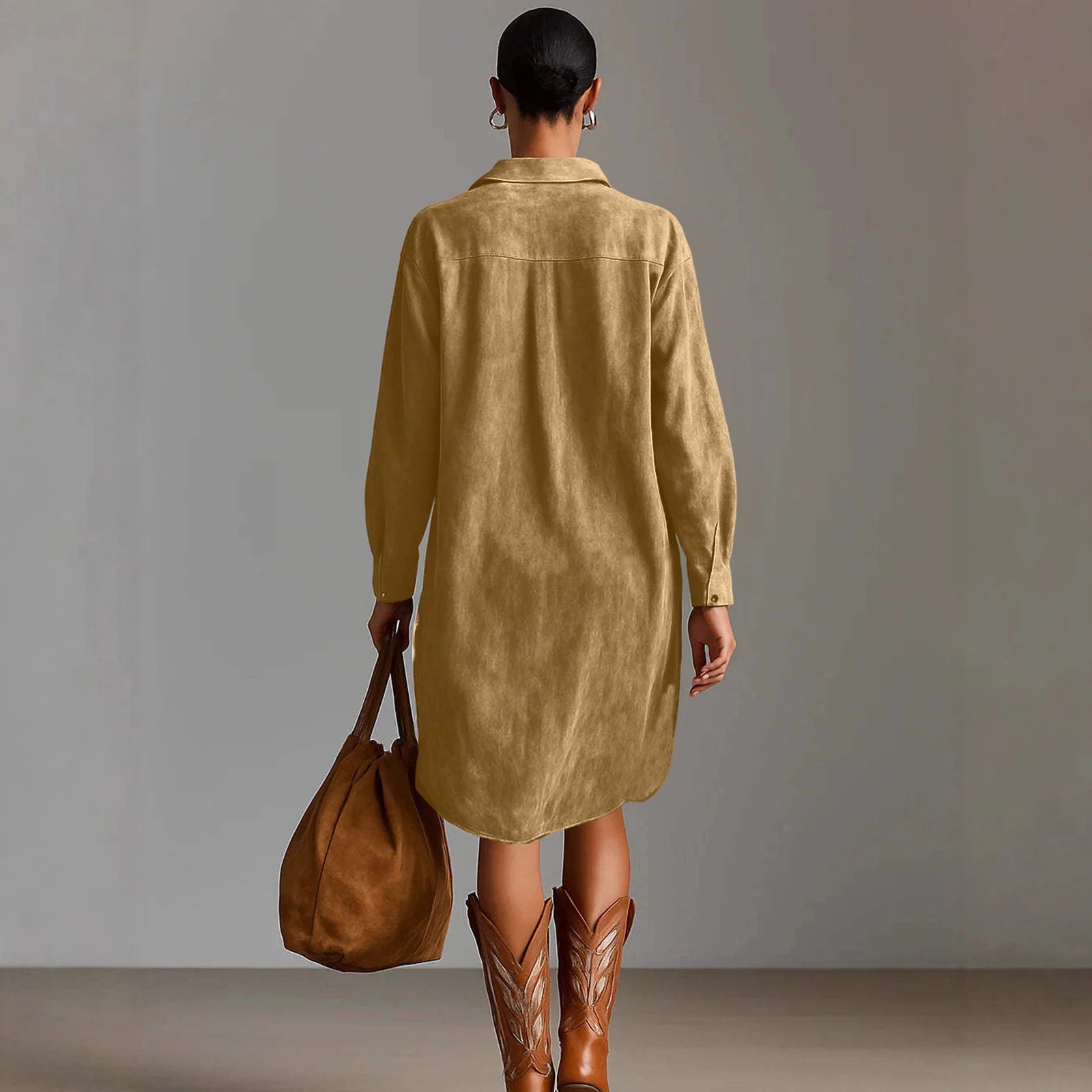 Dresses Womens Shirt Dress Terracotta Suede Embroidered High-Low Puff-Sleeve Bohemian Stylish Outfit Daily 2026 Trendy Vestido
