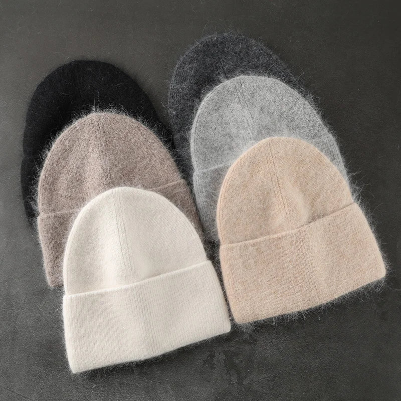 2024 Angora Winter Hat For Womens Rabbit Fur Fluffy Knitted Beanies Hat  Bonnet Female Soft  Warm SKI Skullies  Beanies