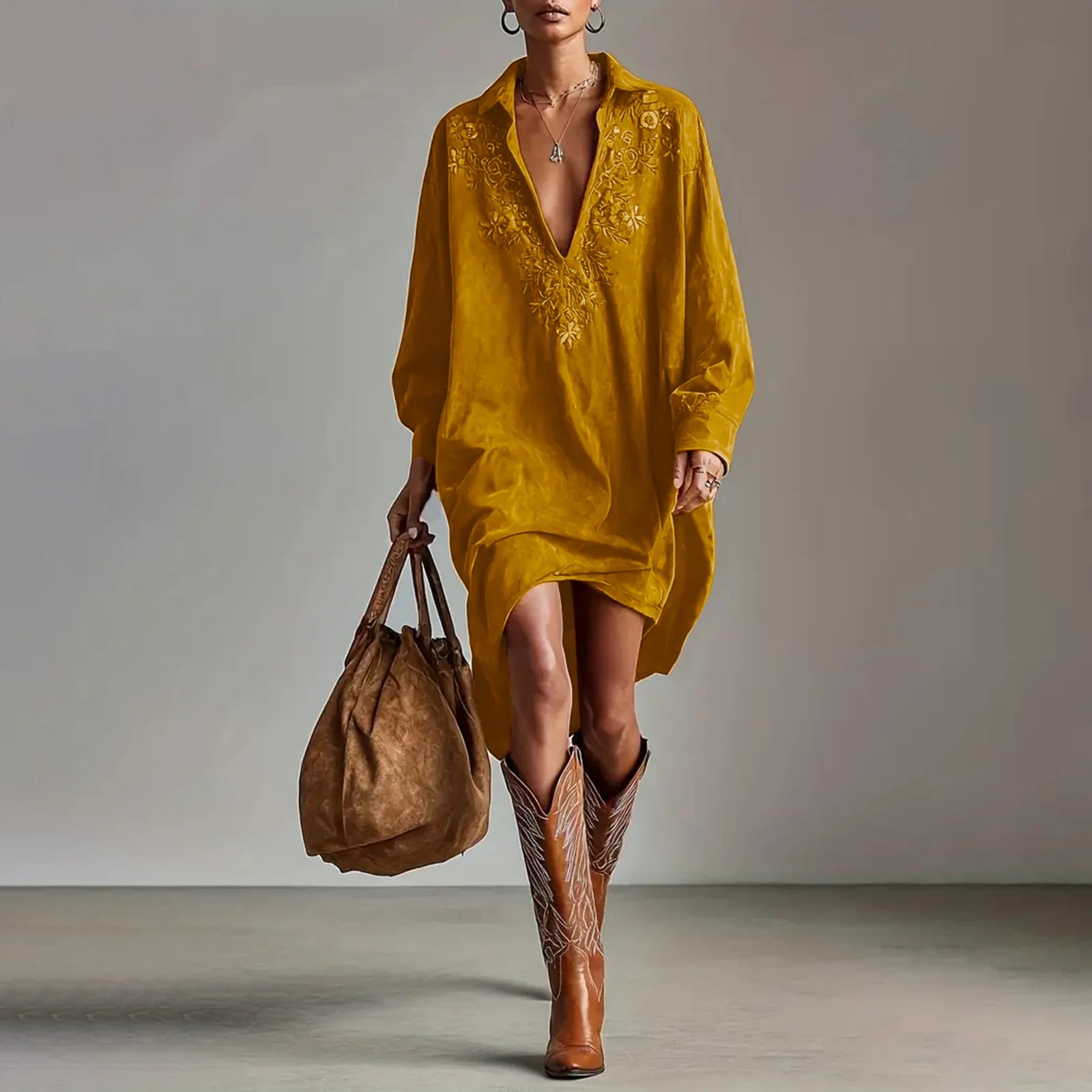 Dresses Womens Shirt Dress Terracotta Suede Embroidered High-Low Puff-Sleeve Bohemian Stylish Outfit Daily 2026 Trendy Vestido