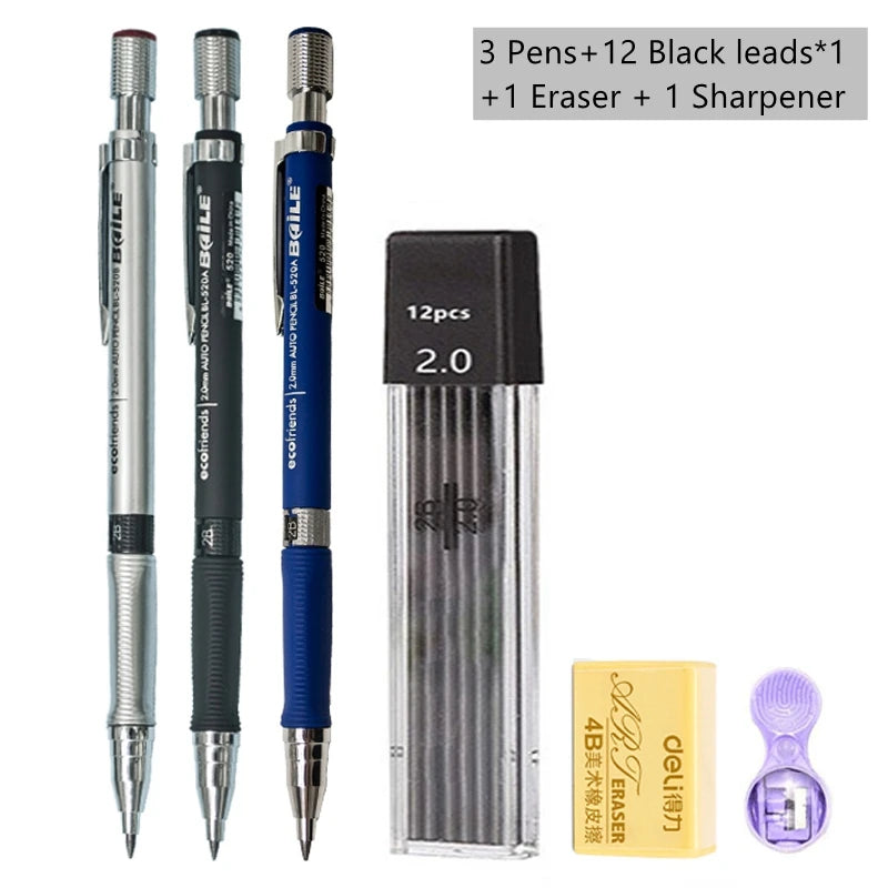 Mechanical Pencil Set 2.0 mm with 2B Black/Colors Lead Refill For Writing Sketching Art Drawing Painting School Automatic Pencil