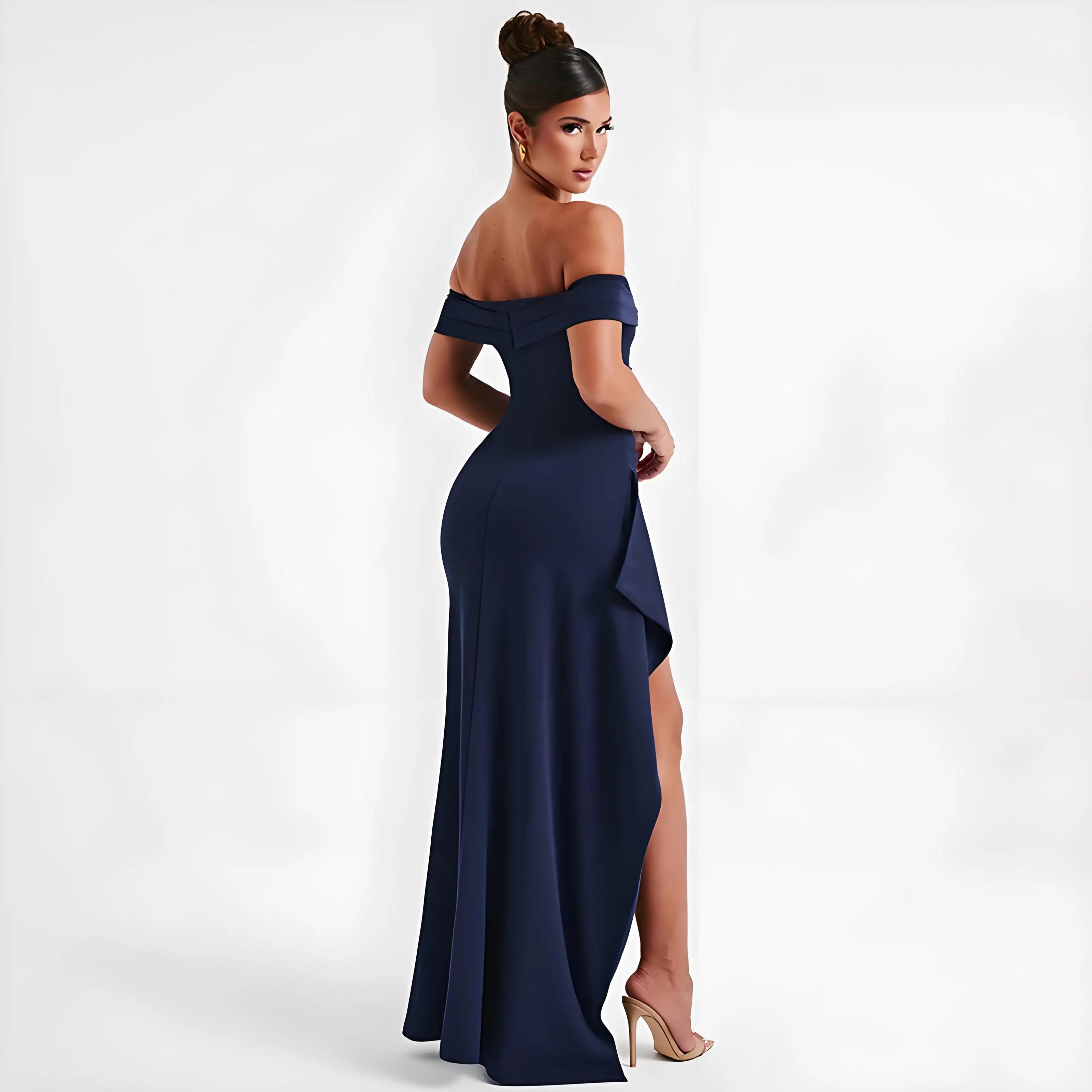 Elegant Evening Dress, Solid Color, Off-Shoulder, Women's Sexy High-Waisted Side-Slit Long Dress, Formal Maxi Ladies' Party Evening Dress