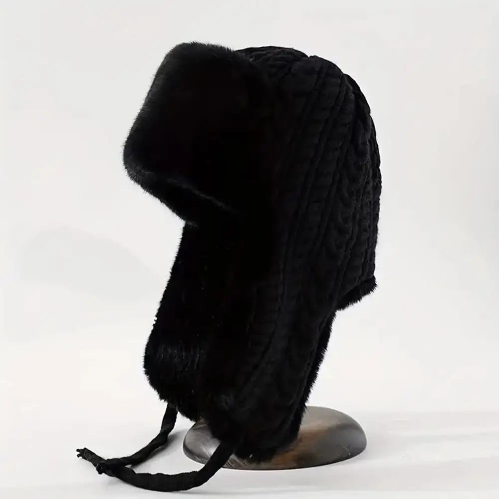 Knitted Bomber Hats for Men Women Warm Russian Ushanka Fur Hat plus Velvet liner Winter Hat Ear Protection Ski Russian Cap