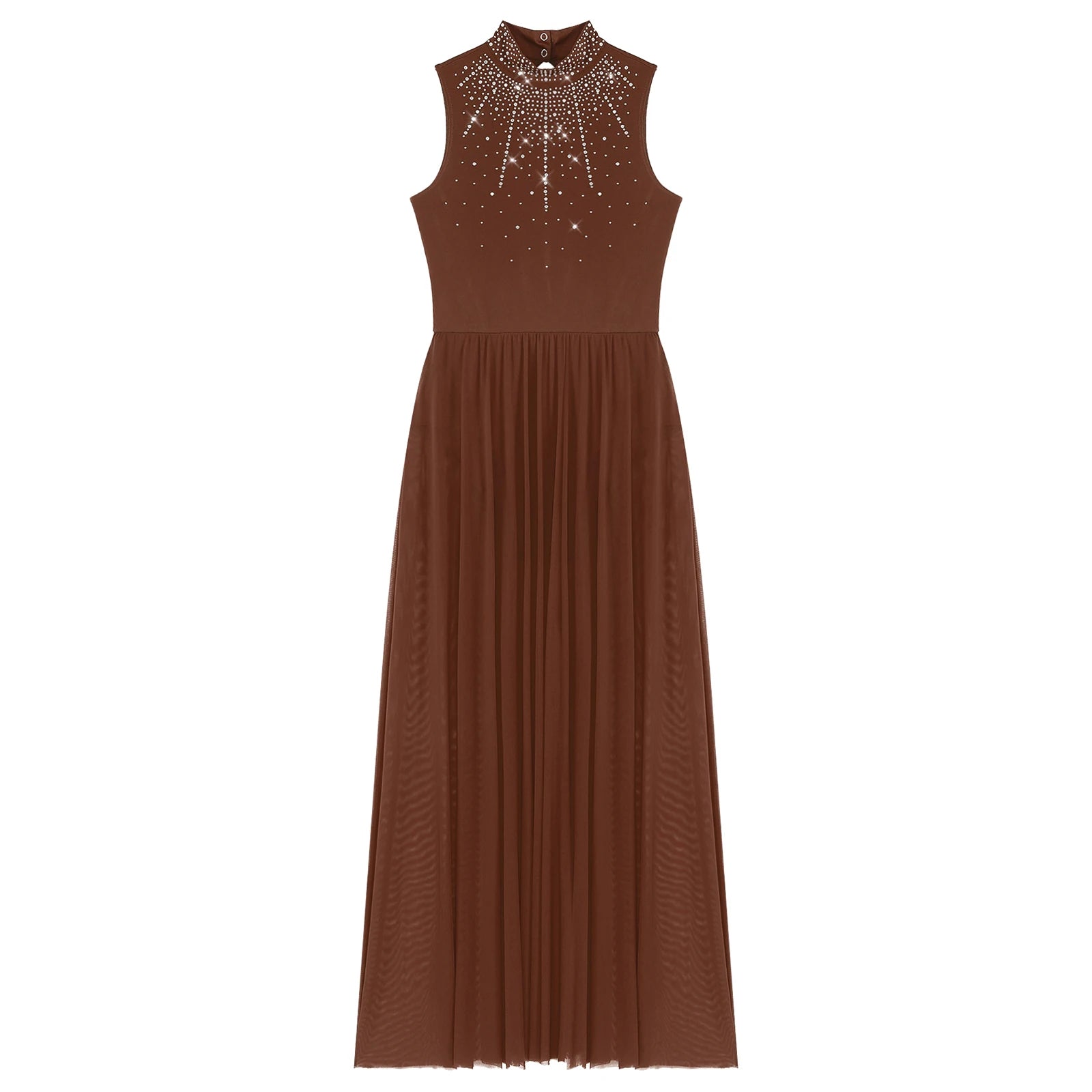Womens Lyrical Dance Dresses Mock Neck Wide Hemline Shiny Rhinestones Maxi Dress Sleeveless Modern Contemporary Leotard Dresses