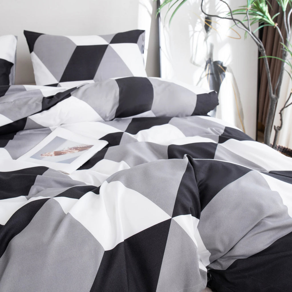 2 Pillowcases + 1 Duvet Cover, Polyester Geometric Print Black and White Diamond-Shaped Bedspread 3-Piece Set, Ultra-Soft and Comfortable Polyester Breathable Bedding Duvet Set, Suitable for Bedrooms and Guesthouses (Bedsprea