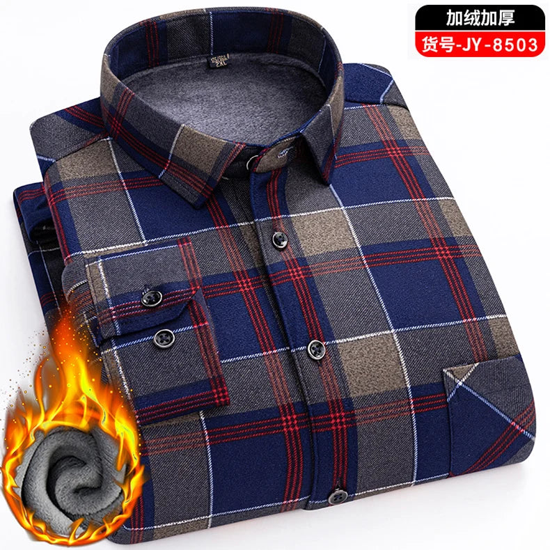 Men's long-sleeved shirt with double-sided fleece thickened warmth, 7XL, 8XL, winter casual and trendy, versatile for the street