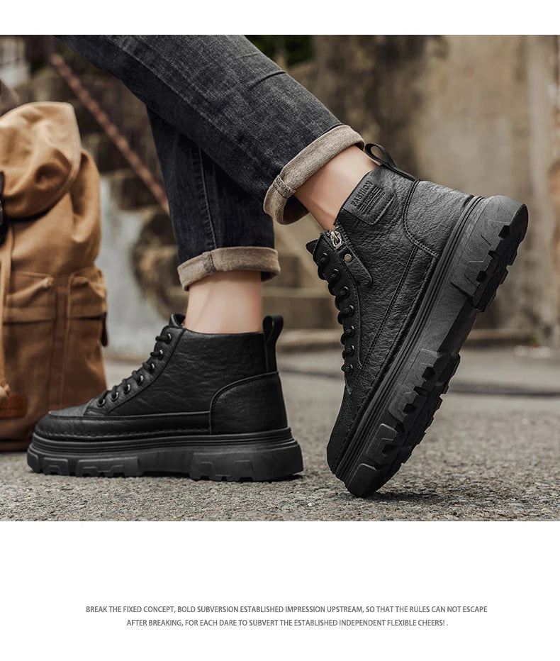 Men Boots Autumn Leather Waterproof Mid-top Sports Shoes New Fashion Ankle Boots Casual Outdoor Hiking Boots Shoes Male Sneakers