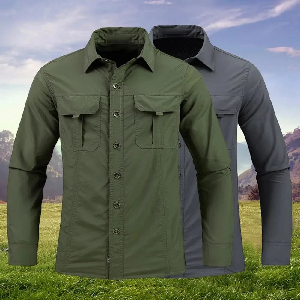 New Mens Long-sleeved Hiking Shirts Summer Outdoor Tactical Multi-pocket Waterproof Quick-dry Fishing Camping Cargo Safari Shirt
