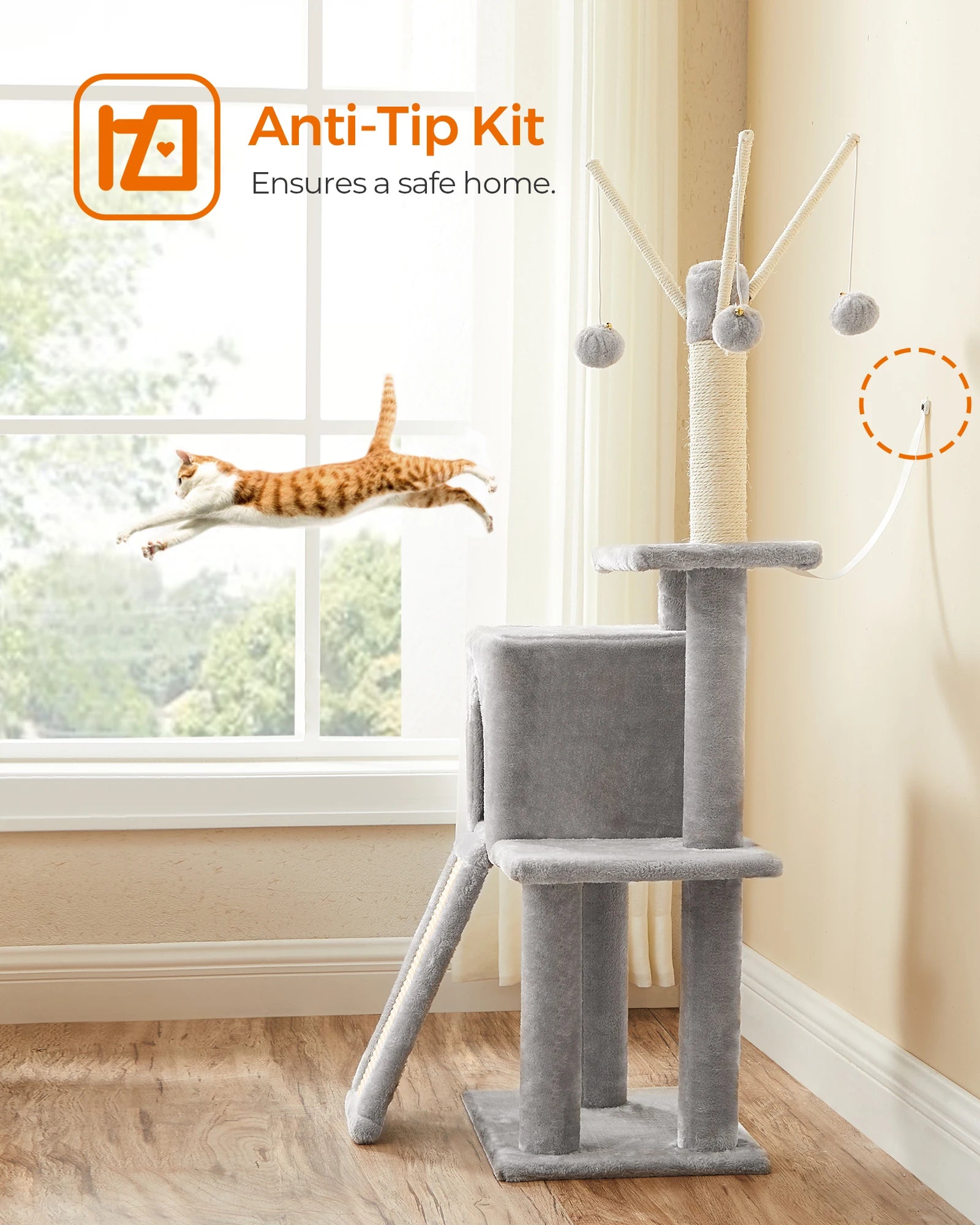 Feandrea Cat Tree, 46.5-Inch Cat Tower for Indoor Cats, Multi-Level Plush Cat Condo, Scratching Post, Ramp