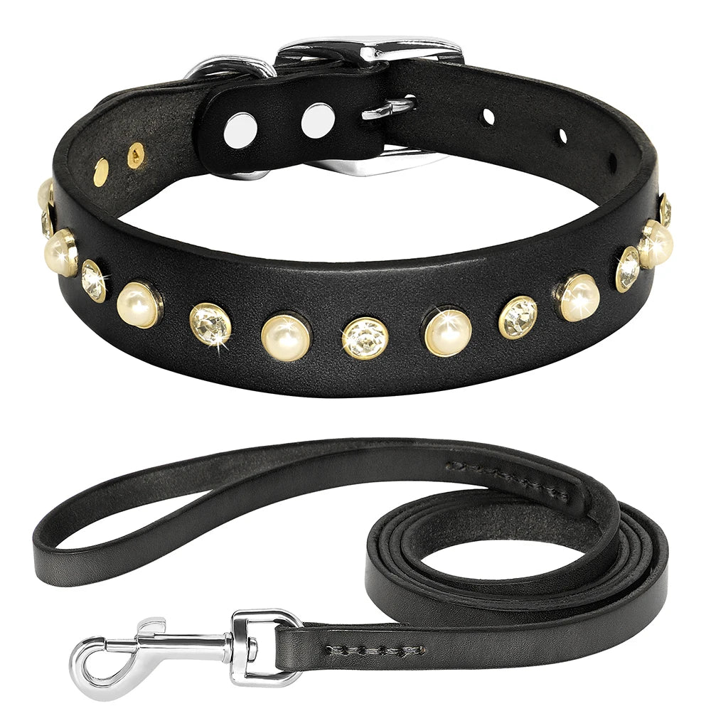 Genuine Leather Small Medium Dog Cat Collar Adjustable Rhinestone Diamond Accessories Pet Puppy Collars Leash Set For Chihuahua