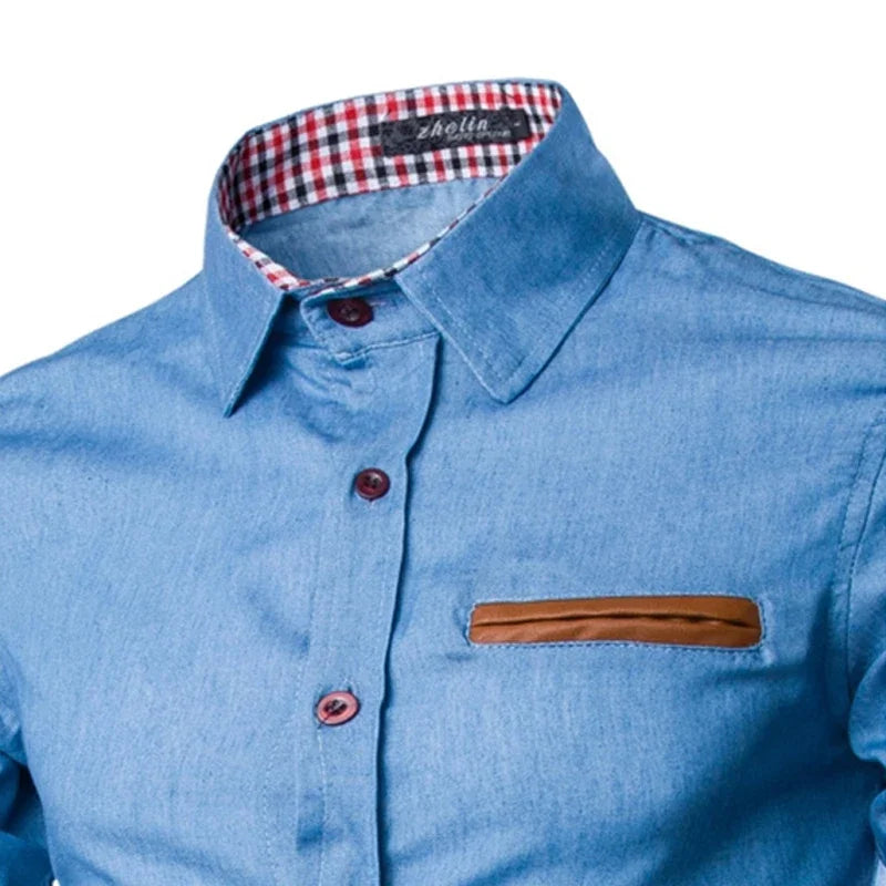 Mens Denim Shirts 2025 Long Sleeve Men Dress Shirt Fashion Slim Fit Style Navy Blue Jeans Male Shirt Longsleeve Shirt for Men