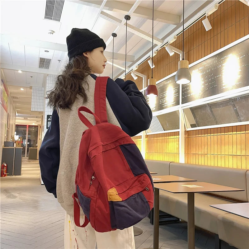 Fashion Panelled Women Backpack Canvas Kawaii Girl Travel Book Bags College Lady Laptop Backpacks Cute Travel Rucksack Schoolbag