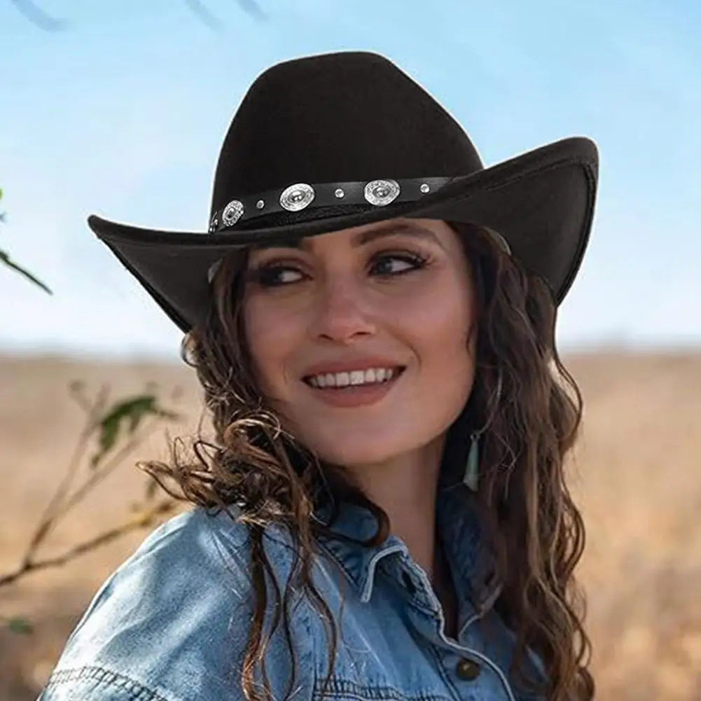 Womens Felt Western Cowboy Hats Studded Pinched Western Cowgirl Hats Wide Brim Retro Fedoras Hat Belt Buckle Vacation Party Hat