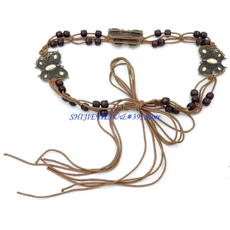 E21F Brown Belt with Beads Butterflies Vintage Tassel Cotton Rope Waist Chain Woven Waist Belts for Dress Party Dance Show