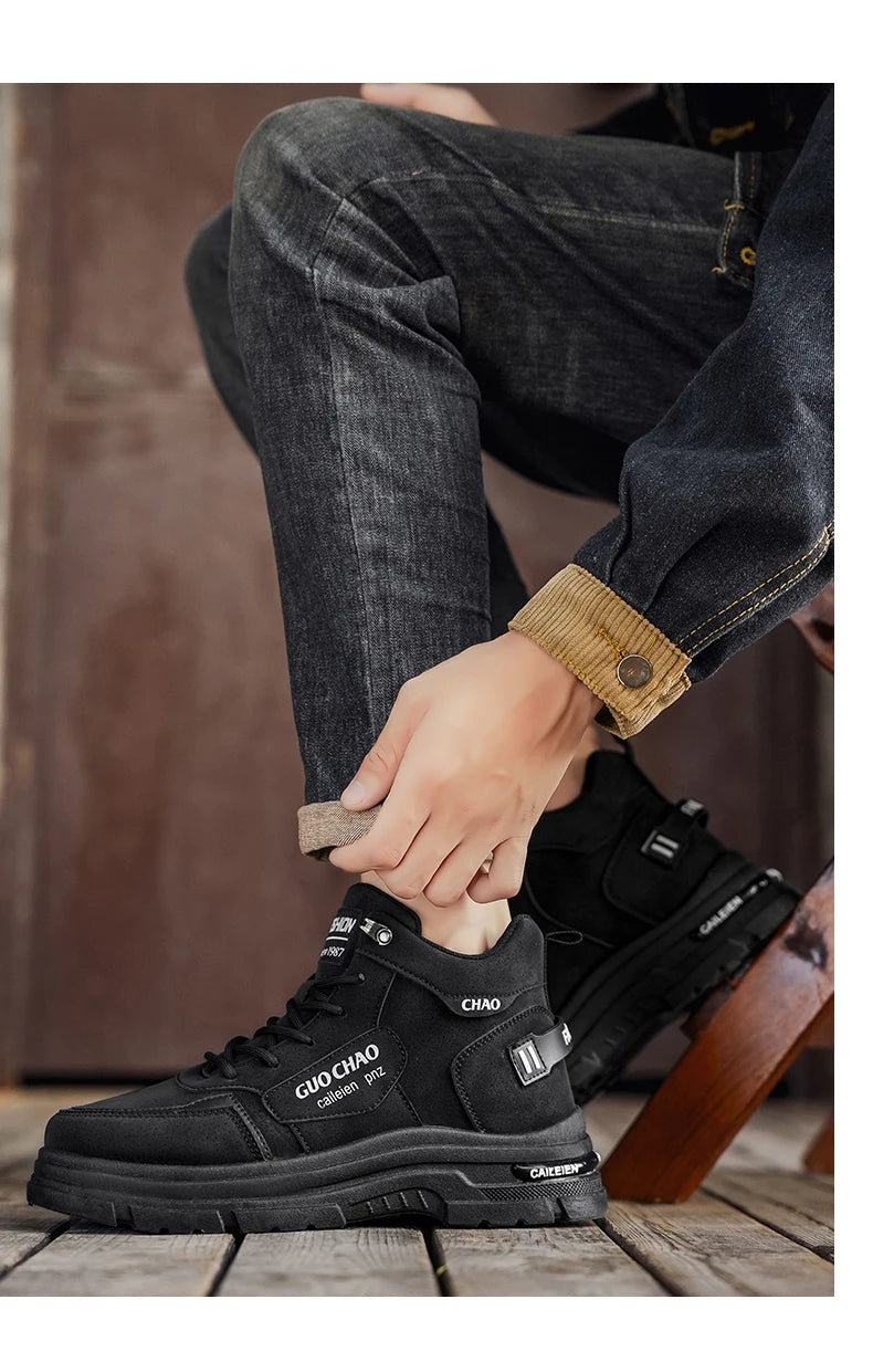 High Top Boots Four Season Outdoor Work Shoes Men's Anti Slip and Comfortable Black Boots Fashion British Casual Leather Boots
