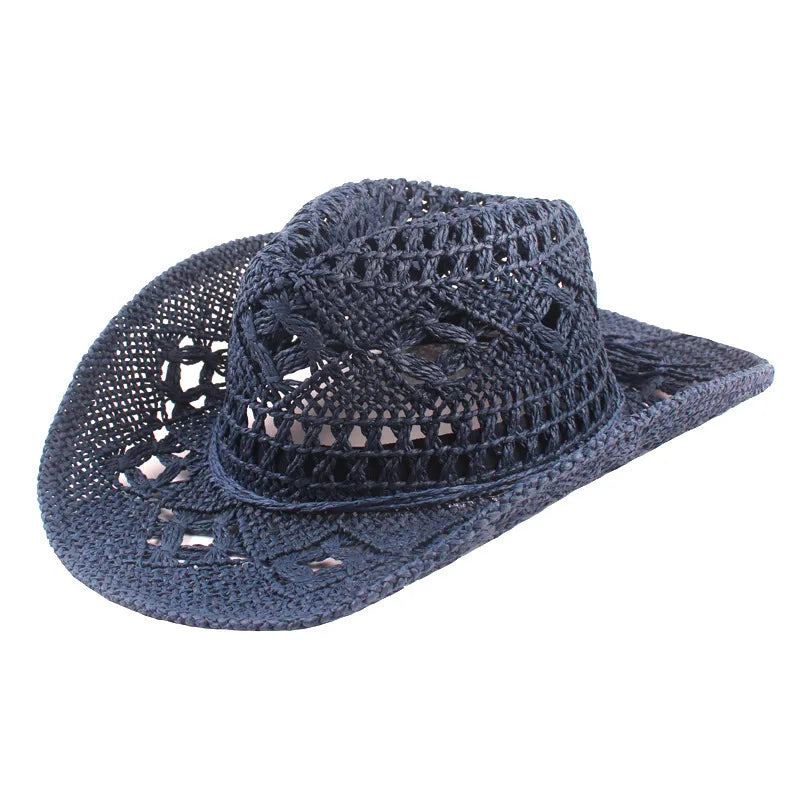 Fashionable new Bohemian straw western cowboy hat for women, classic retro hollow unisex curly wide-brimmed sun hat for men, fis