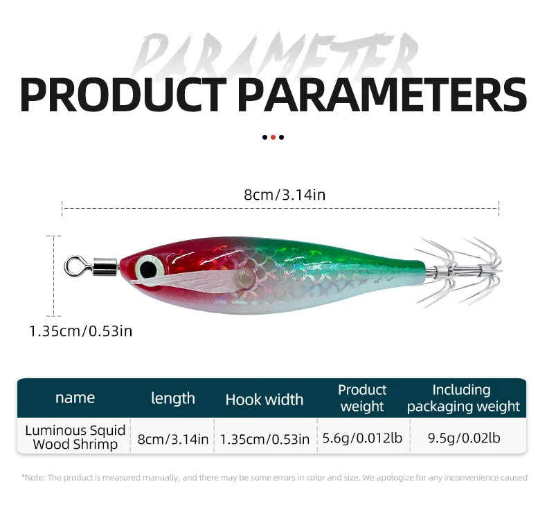 9pcs/page Glow Squid Jig Hook Saltwater Fishing Bait Artificial Egg Wood Shrimp Lures Sea Fishing Octopus Cuttlefish Squid Lure