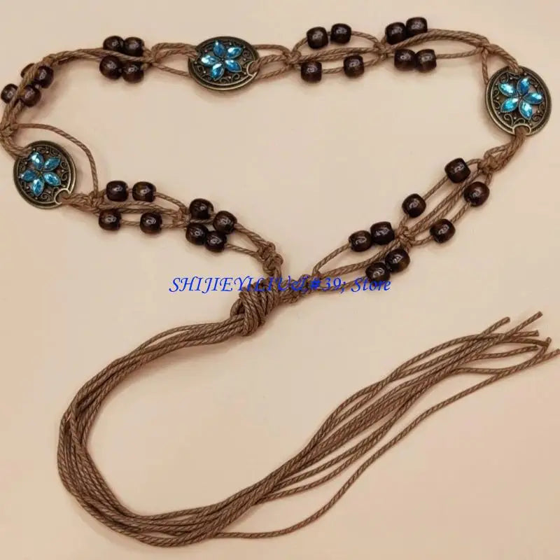 E21F Brown Belt with Beads Butterflies Vintage Tassel Cotton Rope Waist Chain Woven Waist Belts for Dress Party Dance Show