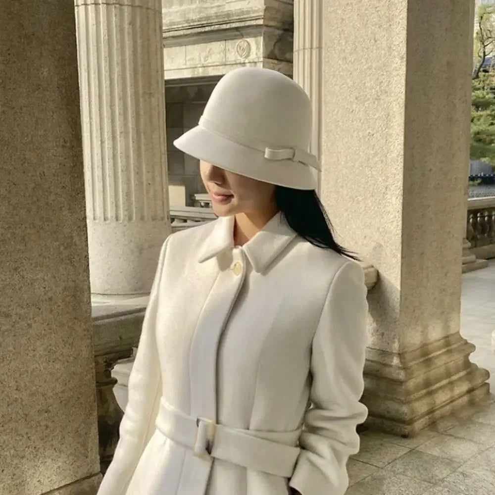 Retro Hepburnesque Felt Formal Hat Wealthy Heiress Style British Style Bowknot Bucket Hat Panama Cap Autumn