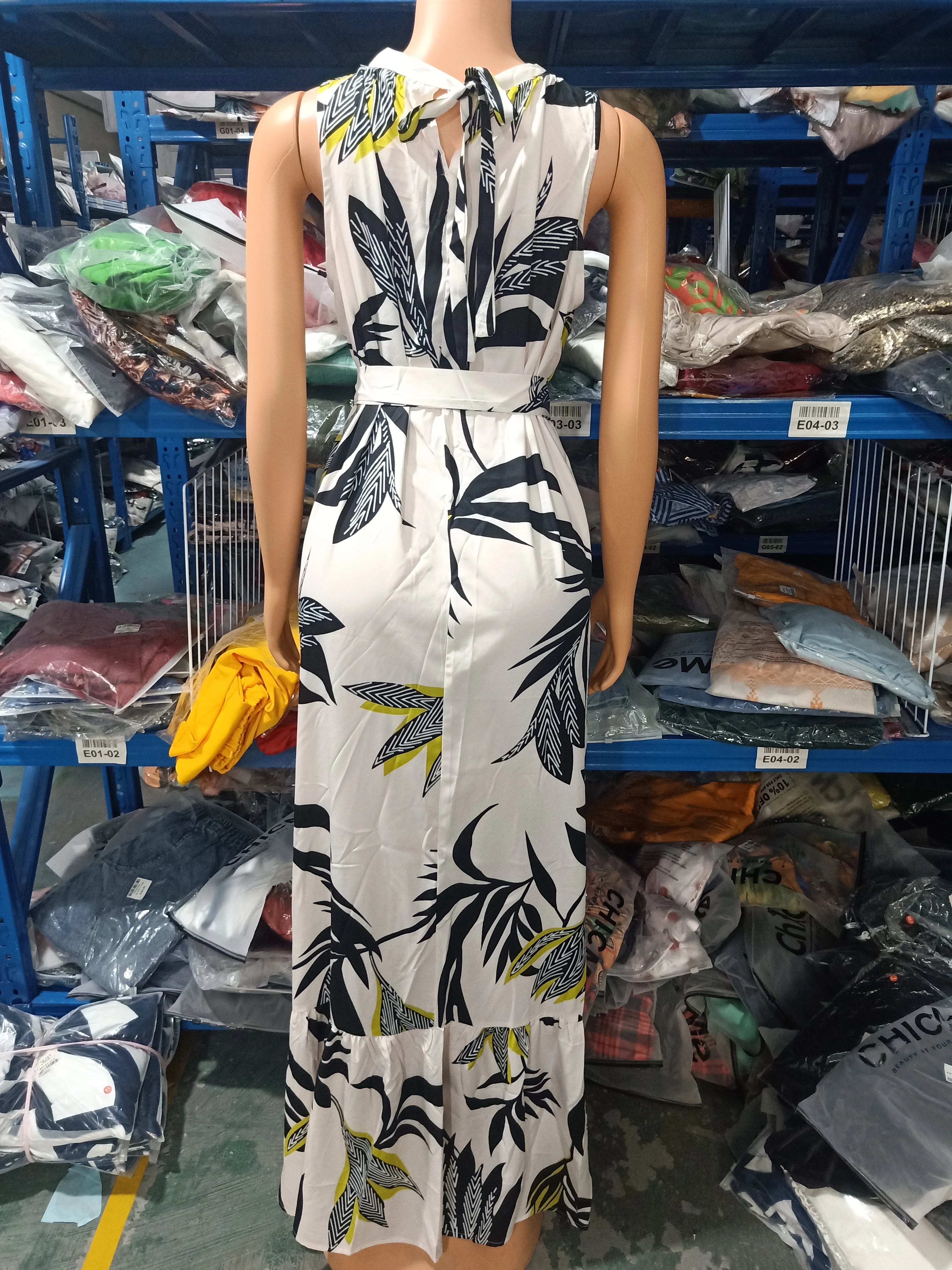 Dresses for Women 2023 Spring Fashion Leaf Print Sleeveless Casual O-Neck Maxi Daily Vacation Dress with Belt