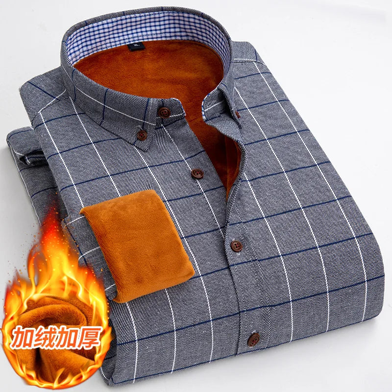 Longsleeve Shirts for Men 2025 Autumn Winter New Warm Plus Velvet Thick Cotton Lapel Casual Plaid Shirts Brand Mens Clothing
