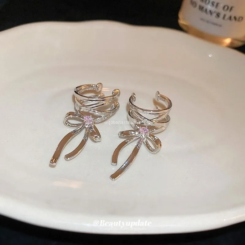 New Elegant Aesthetics Bow Knot Clip Earrings Women Non-Piercing Ear Clips Ballet Ribbon Style Ear Cuff Fashion Earrings Jewelry