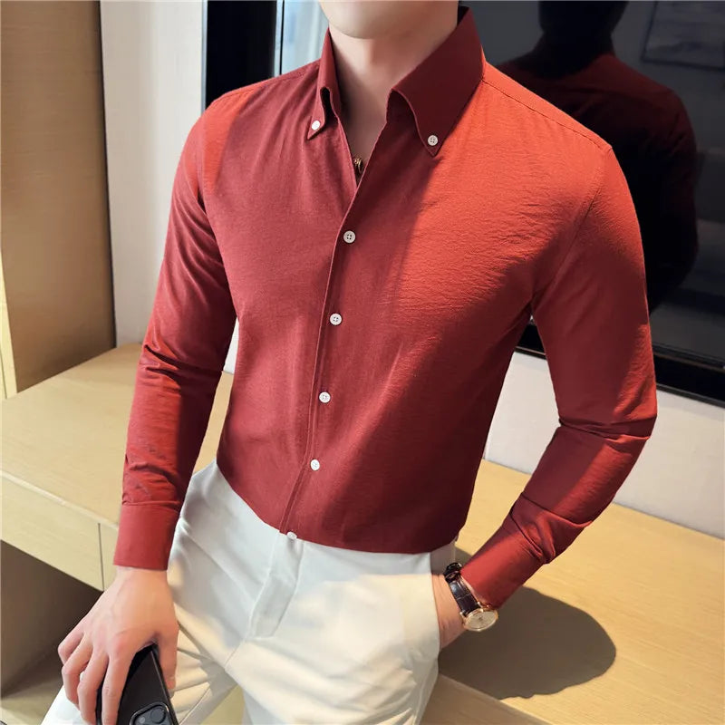 Long Sleeves Shirts for Men Light Thin Fashion Fold Process Wine Red Solid Casual Shirt Men Social Dress Shirt Slim Fit Tuxedo
