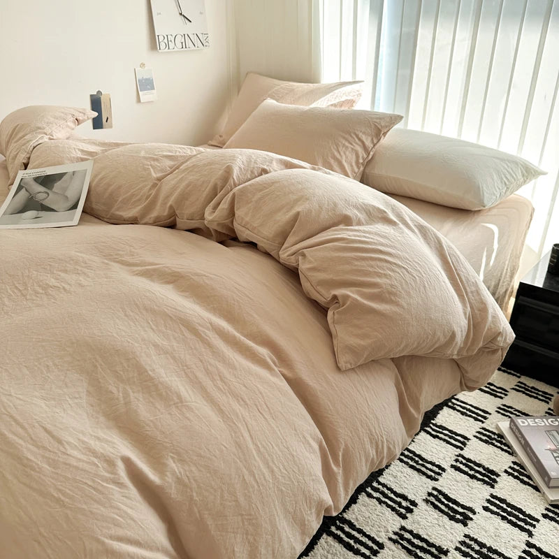 Bed Linen Solid Cotton Bedding Set with Sheet Duvet Cover Pillowcases Single Couple Bedsheet King Queen Double Twin Size