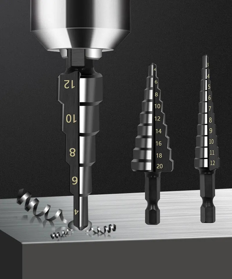 3Pcs HSS Straight Groove Step Drill Bit 3-12mm 4-12mm 4-20mm Nitride Black Hex Wood Metal Hole Cutter Core Drilling Tools Set