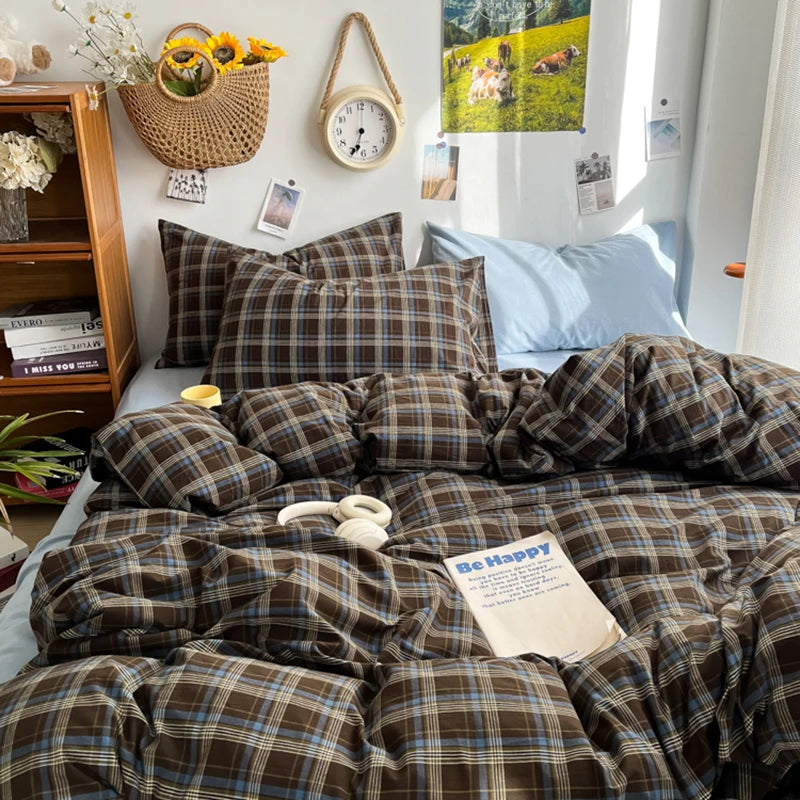 MissDeer Bedding Set Ins Ambiance Blue Coffee Grid Mixed With Washed Cotton Minimalist Four Piece Set Fitted Sheets Duvet Cover