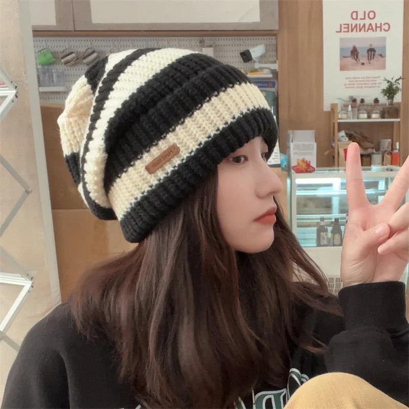 Winter Warm Hats For Women Casual Stacking Knitted Bonnet Caps Men Hats Stripe Hip Hop Unisex Female Beanies