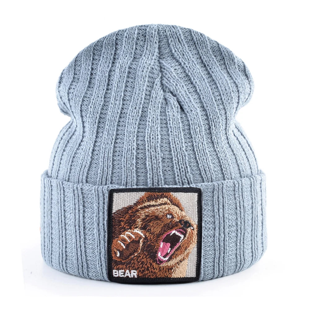 Embroidery Bear Knitted Beanies Hat Men Solid Color Autumn Winter Knitting Boy Skullies Caps Women Streetwear Kpop Gorras Bonnet