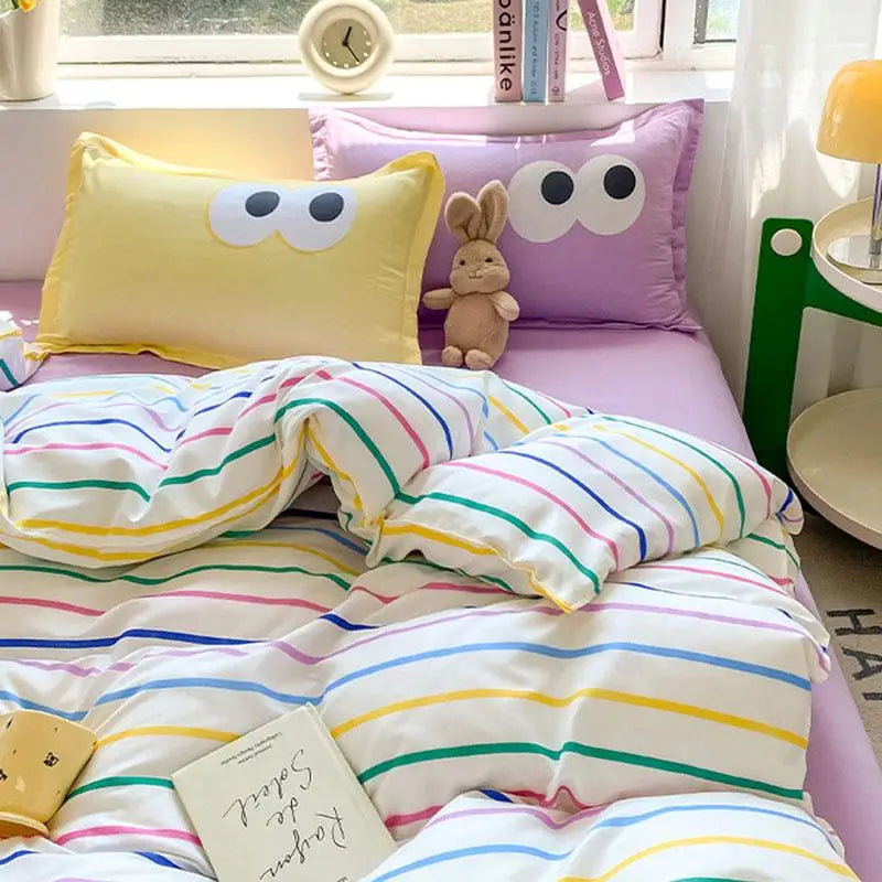 New Cartoon Striped Printed Bedding Sets Aloe Cotton Skin Friendly Breathable Comforter Cover Set Twin Double Size Bed Linens