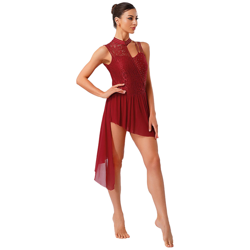 Women Modern Lyrical Dance Performance Costume Floral Lace Rhinestones Leotard Dress for Waltz Latin Cha-cha Ballet Skating