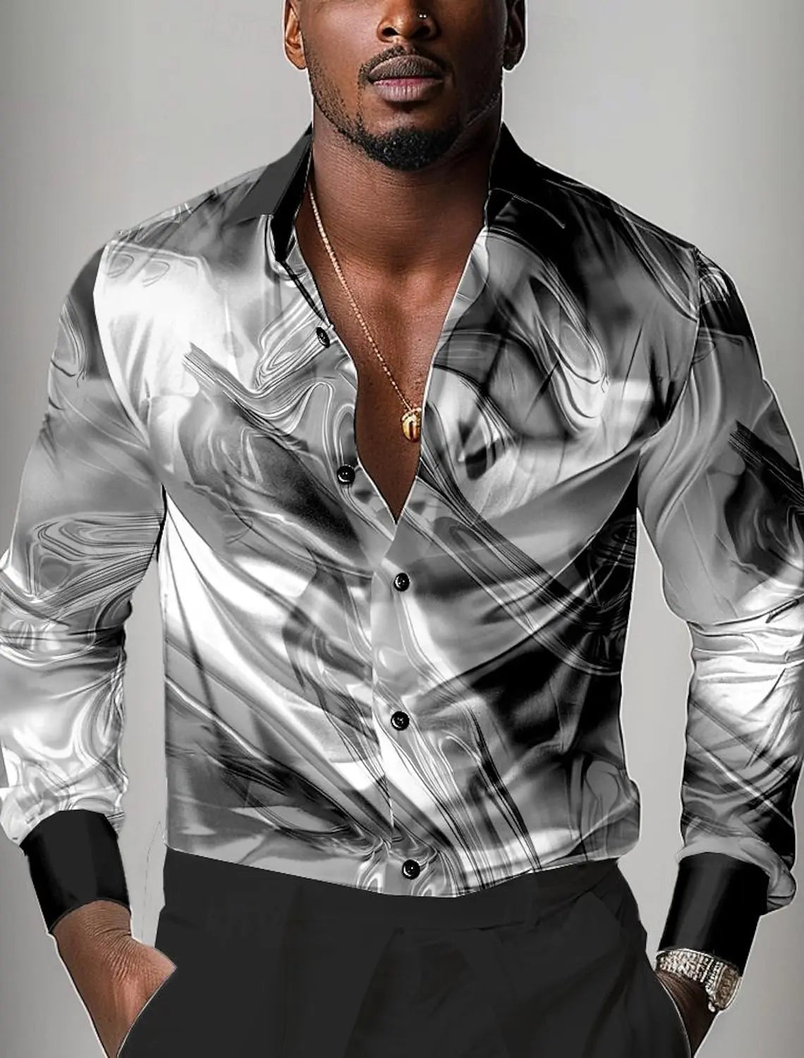 Men's long sleeve shirt casual fashion 3d printed polyester black and white printed shirt shirt men's lapel shirt long sleeve