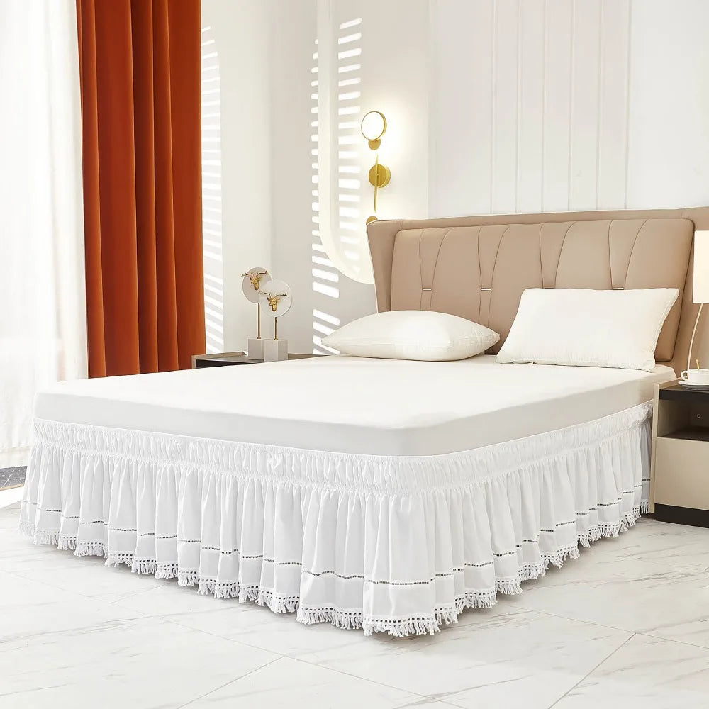 Bed Decoration Elastic White Fringed Bed Skirt Stretchable Dust-proof Under-bed Covering Skirt Ruffled Romantic Bedspread Inn