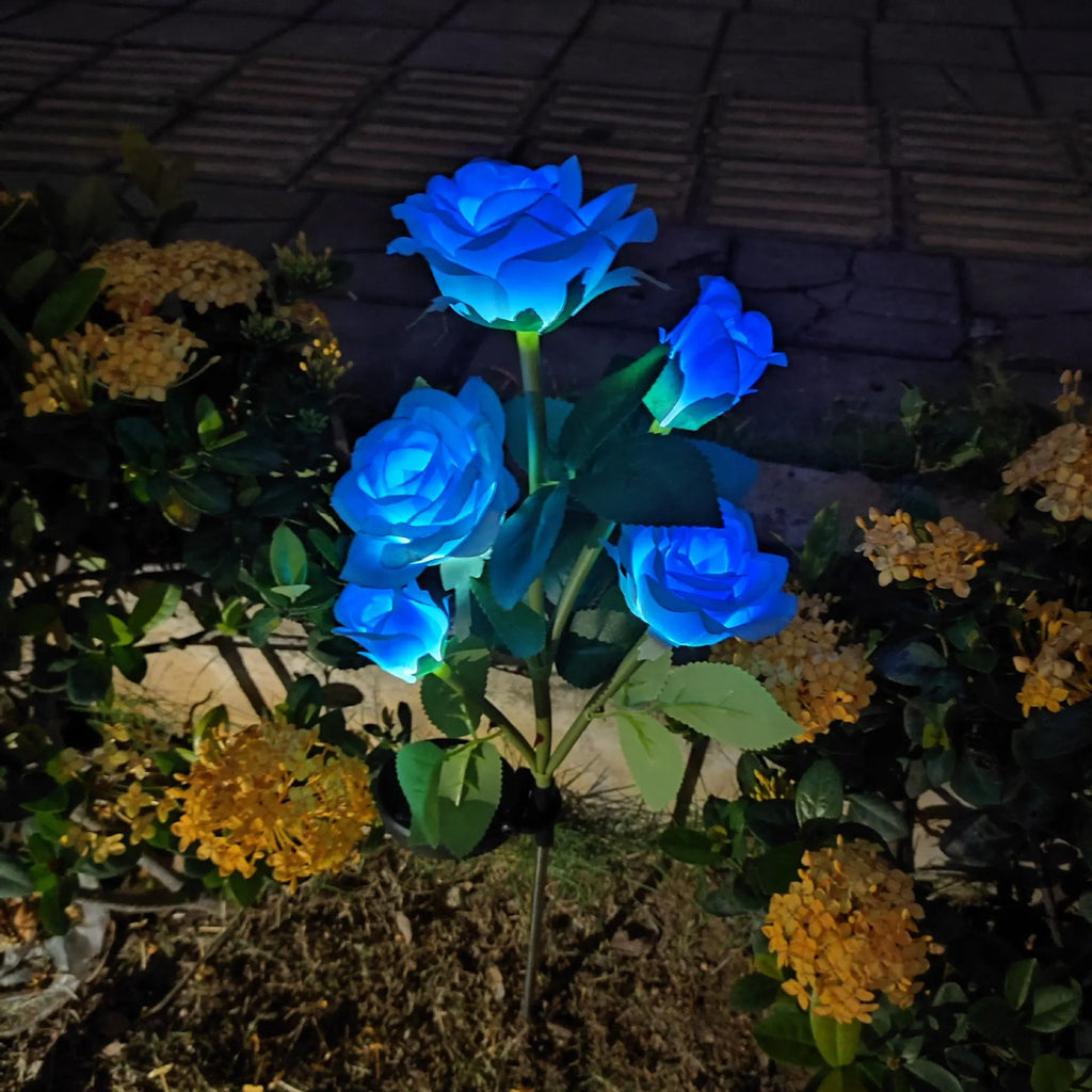 Garden Ground Light Solar Lawn Lamp LED Artificial 5 Head Rose Flower Holiday Summer Wedding Party Outdoor Yard Patio Decoration