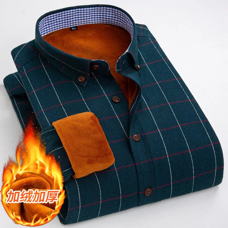 Longsleeve Shirts for Men 2025 Autumn Winter New Warm Plus Velvet Thick Cotton Lapel Casual Plaid Shirts Brand Mens Clothing