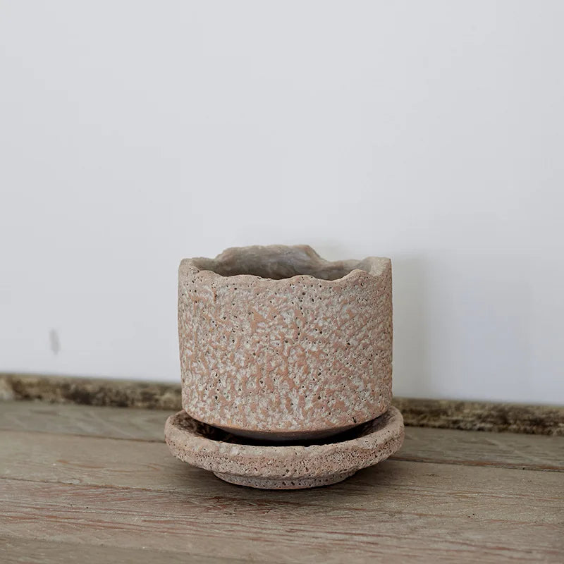 Retro Gardening Small Flowerpot Home Decoration Handmade Ceramic Terracotta Pot Hammered Basin with Tray Succulent Planting