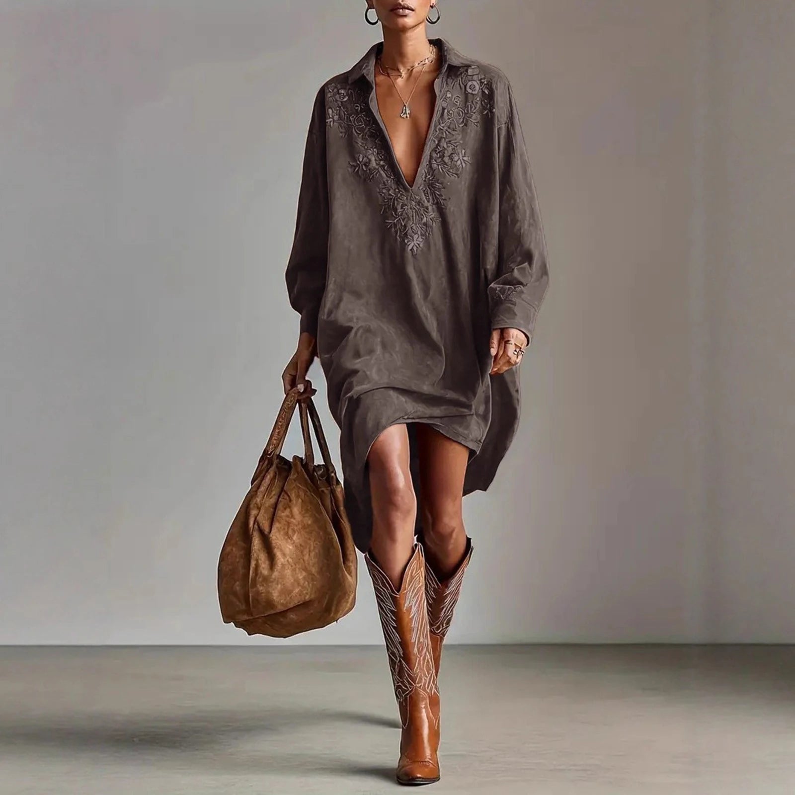 Dresses Womens Shirt Dress Terracotta Suede Embroidered High-Low Puff-Sleeve Bohemian Stylish Outfit Daily 2026 Trendy Vestido