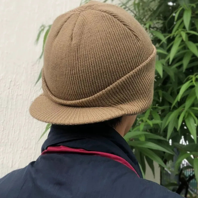 New Unisex Knitted Hats Fashion Thicken Fur Lined Soft Beanie Cap with Brim Thermal Winter Simple Hip Hop Hat for Men Women Gift