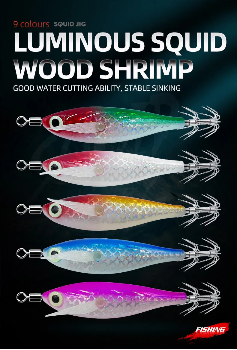 9pcs/page Glow Squid Jig Hook Saltwater Fishing Bait Artificial Egg Wood Shrimp Lures Sea Fishing Octopus Cuttlefish Squid Lure