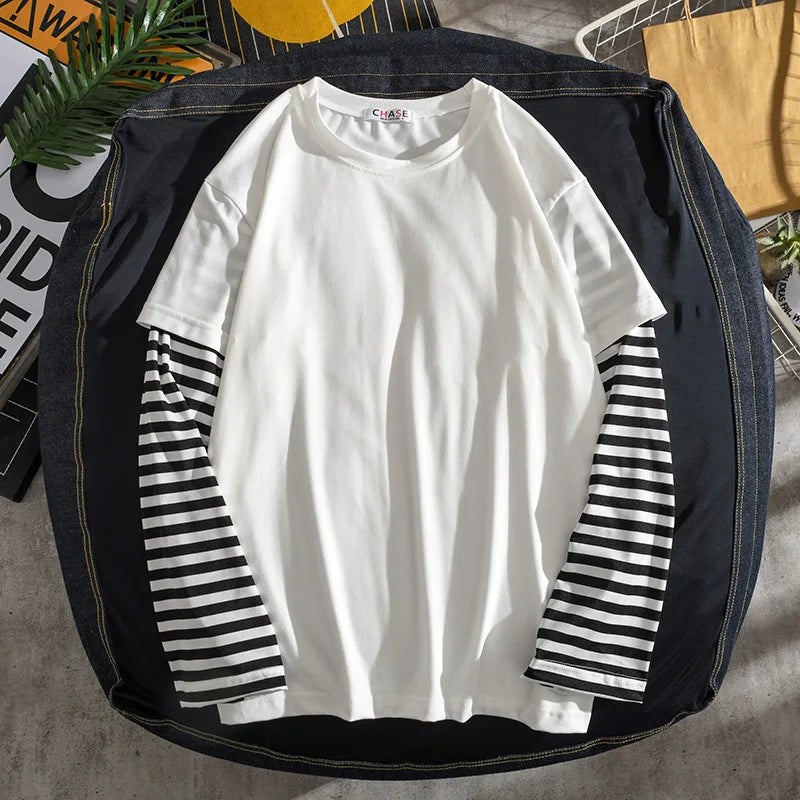 Long Sleeves Shirt Men's Loose Undershirts Striped Patchwork Sweatshirt O Neck Pullover Mens Casual Tops Harajuku Streetwear